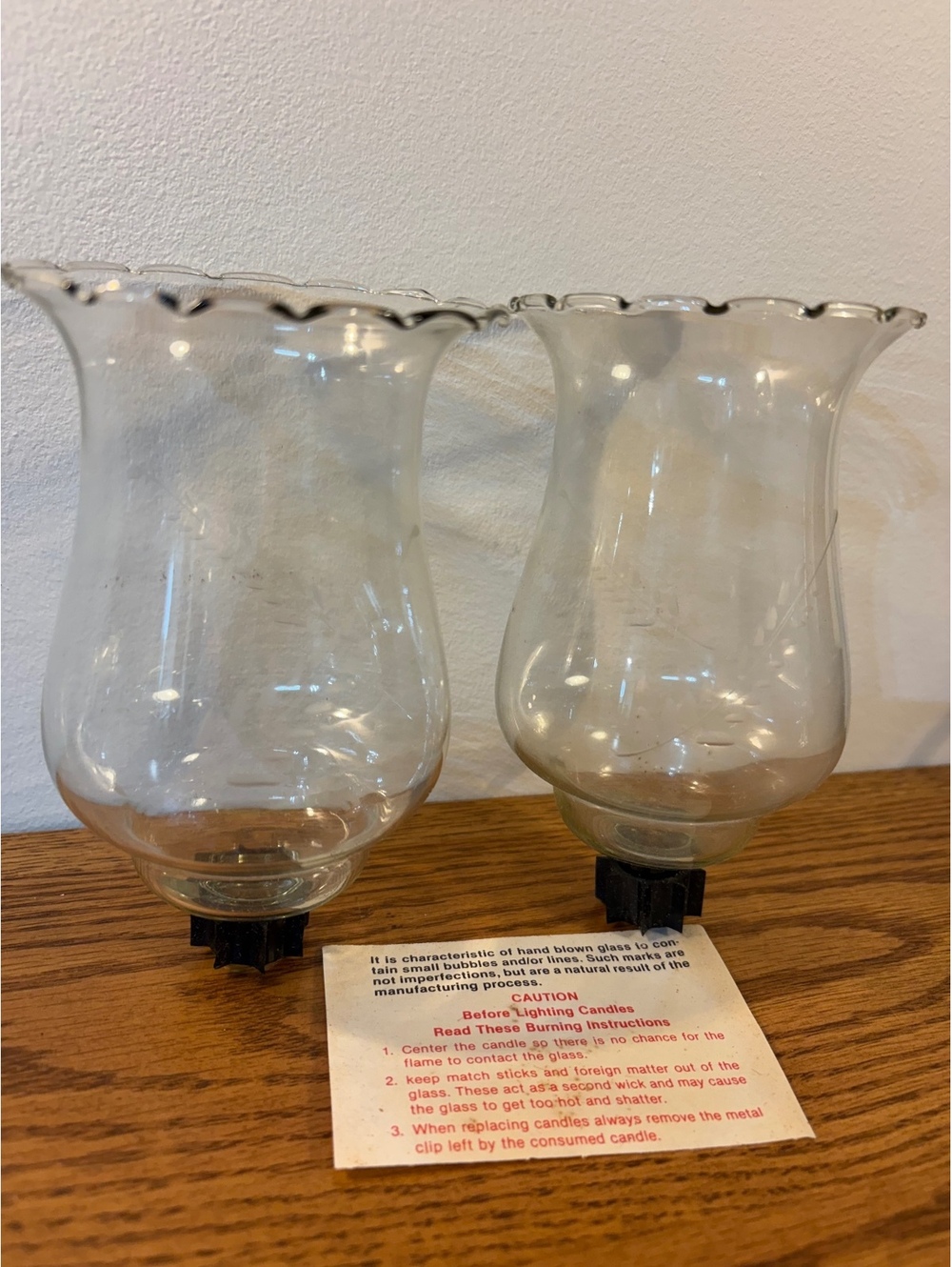 Home Interiors Homco Etched Glass Hurricane Shade Pair 6.25" Peg Base NOS